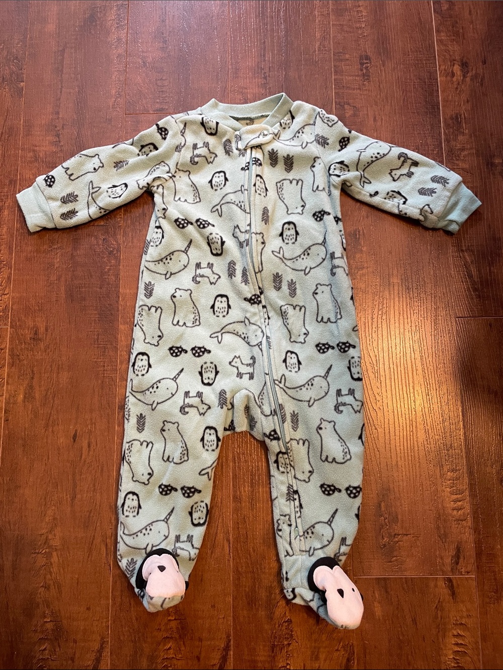 Cozy Mint Green Fleece Footed One-Piece with Woodland Animal Print